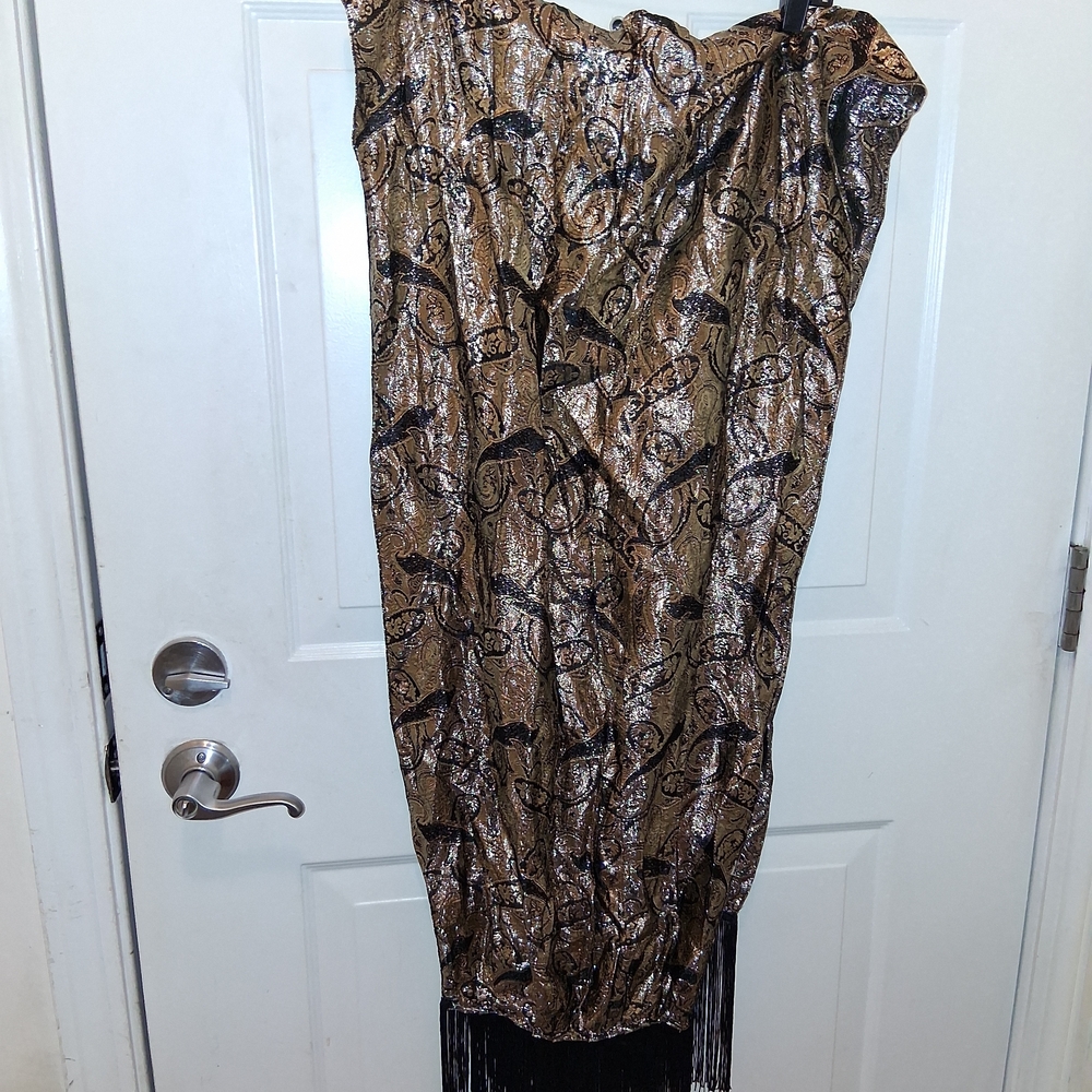 Gold and Black Patterned Scarf with Fringe